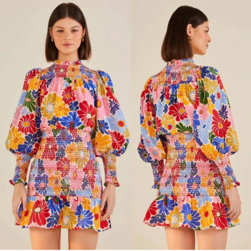 NEW Farm Rio Sunny Daisies Sand Mini dress colorful floral print XS